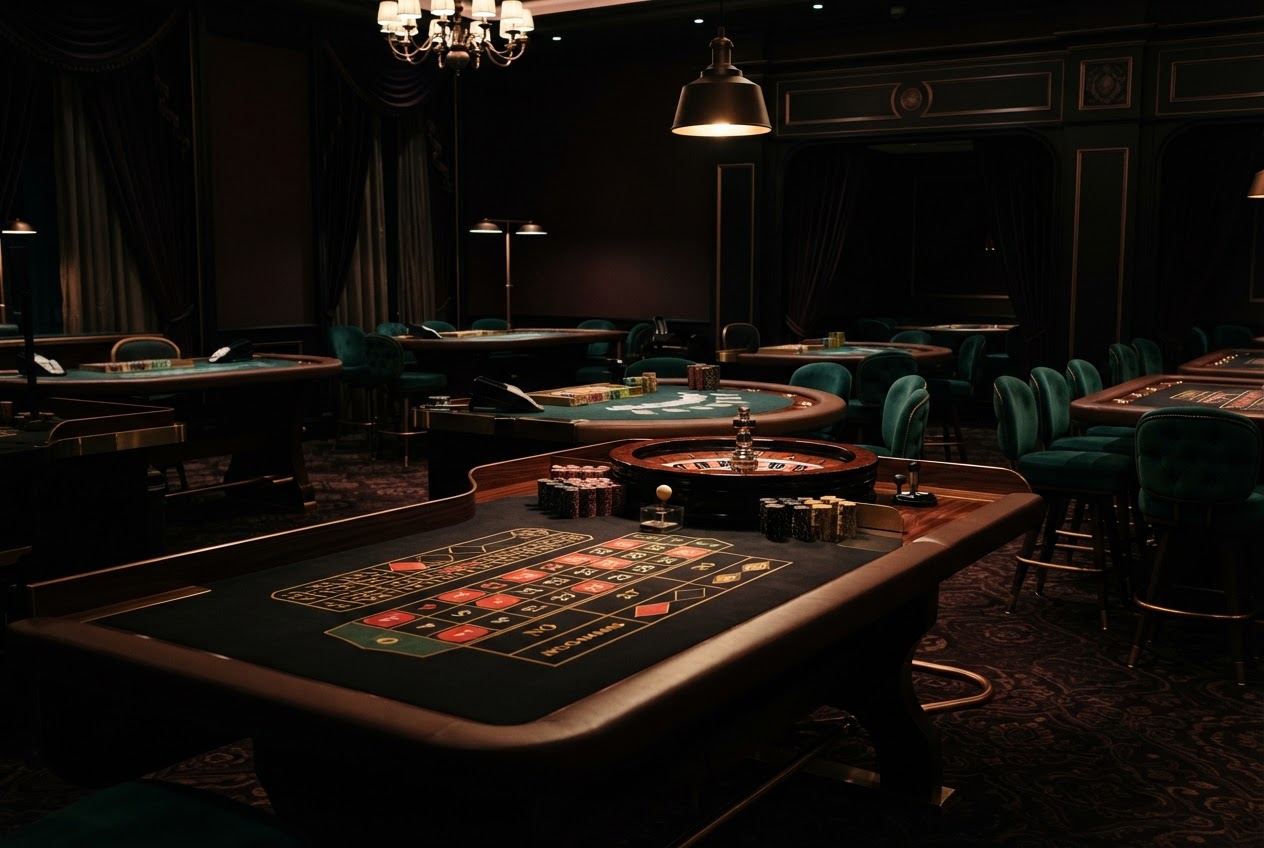 Casino-style gaming area with roulette and card tables under warm lighting