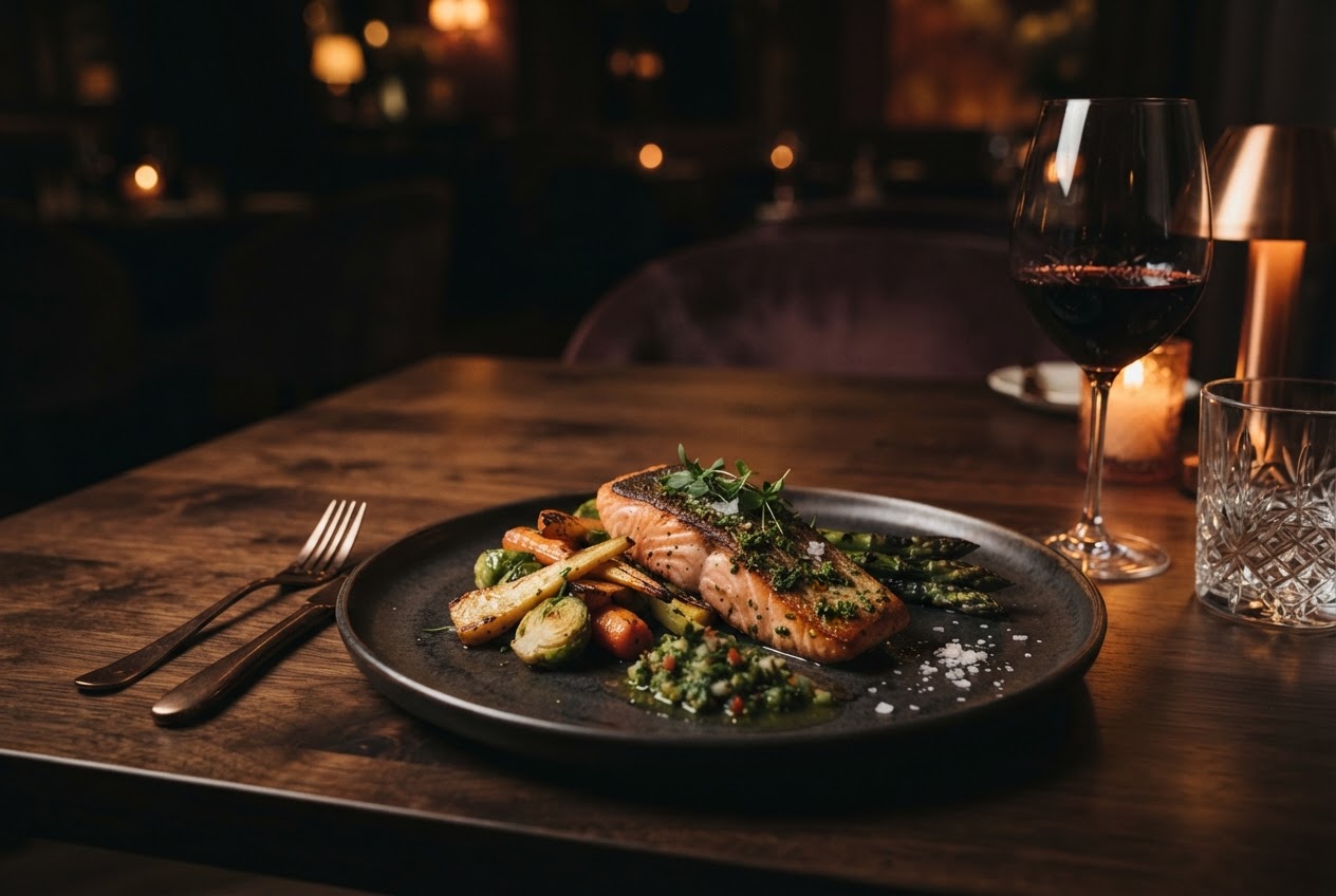 Elegant fine dining plate with grilled dish, crystal glassware, and warm amber lighting