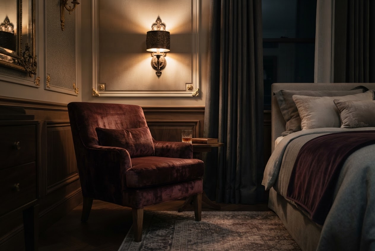 Suite interior with warm beige walls, walnut furniture, and a burgundy accent chair