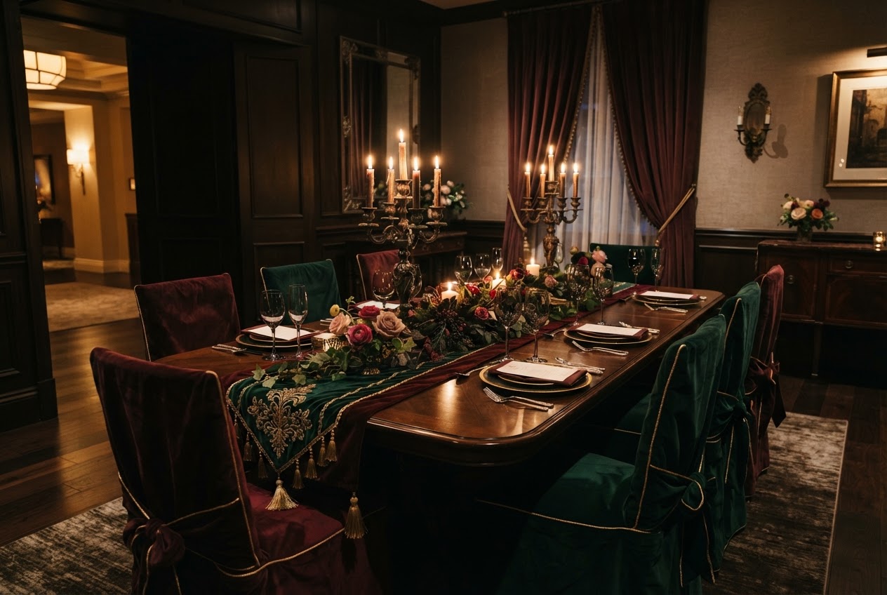 Elegant private dining setting with bronze candelabra and warm candlelight